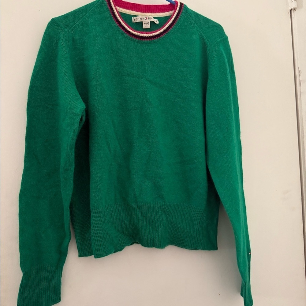 Tommy Hilfiger Teal Sweater with Multicolor Collar